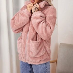 Drop shoulder patch pocket zipper up Teddy jacket